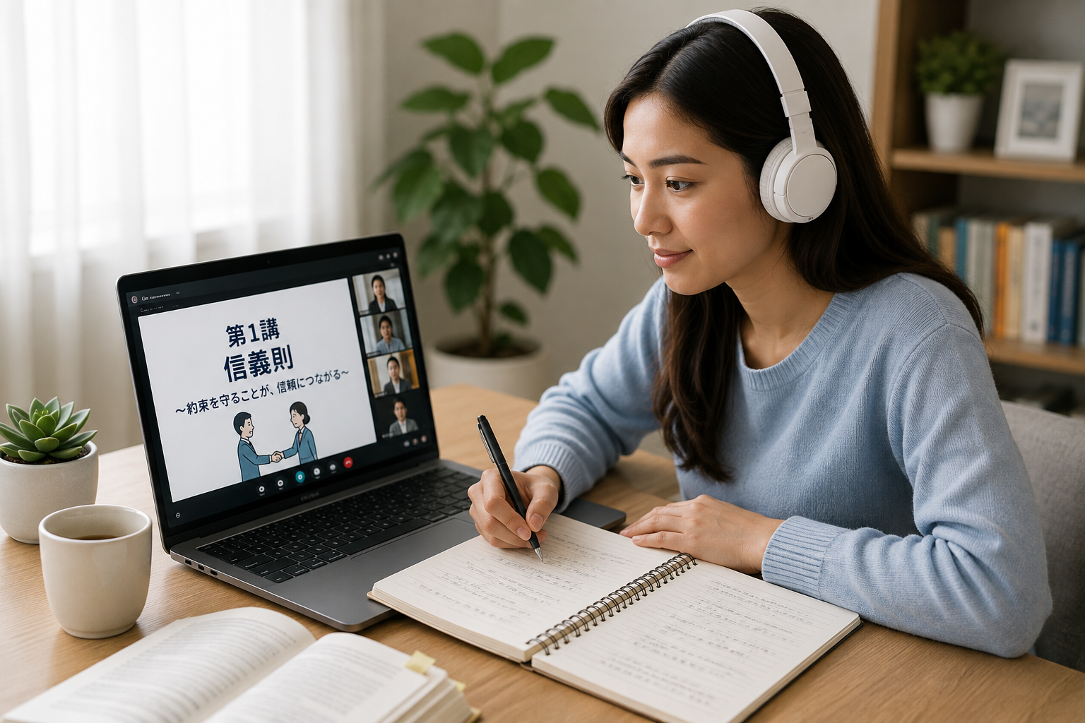 ヘッドフォンを着けた受講者が、ノートPCでオンライン授業「第1講 信義則」を受講しながらノートを取っている写真